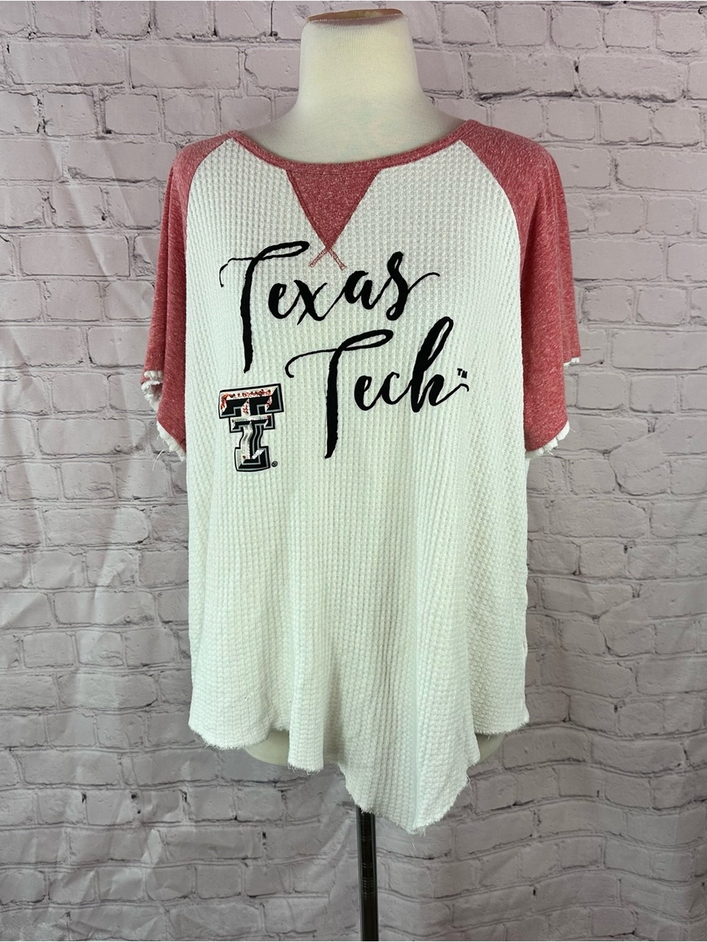 Texas Tech Women's Red & White Raglan Waffle-Knit Top women XL fandom collegiate